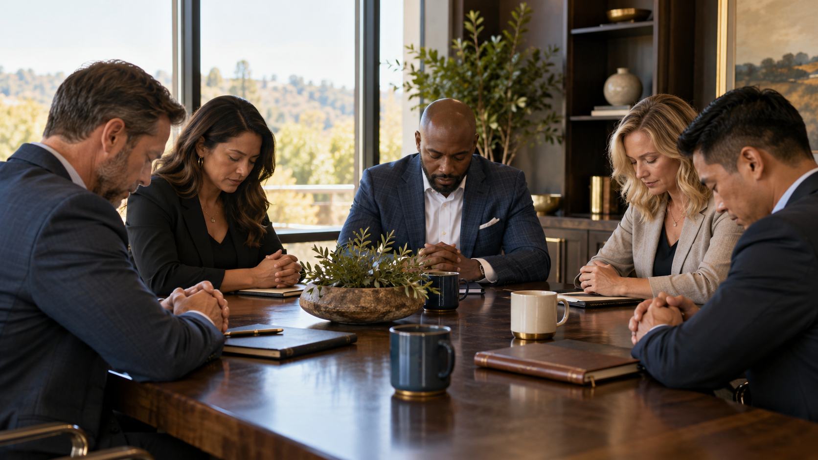 Business owners with heads bowed in prayer around a boardroom table